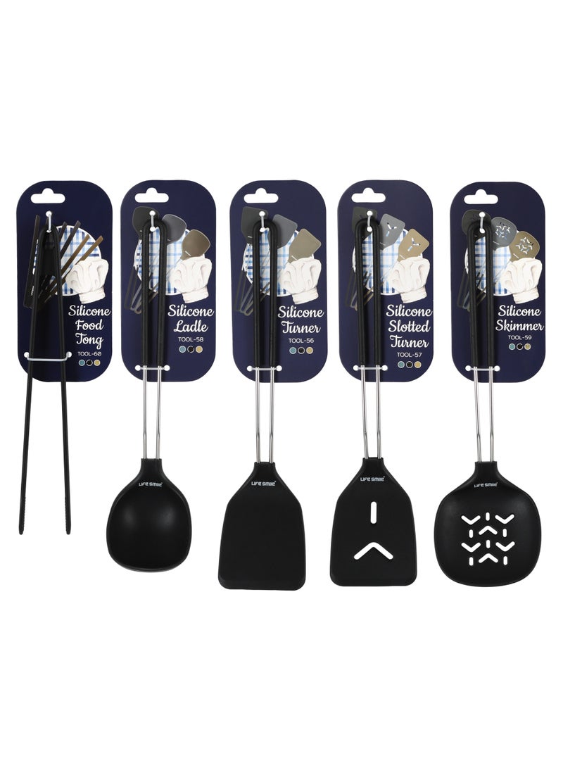 Life Smile Lifesmile Silicone Kitchen Utensils Set (5-Piece) | Ladle, Turner, Slotted Turner, Skimmer & Food Tong | Heat-Resistant - Image 1