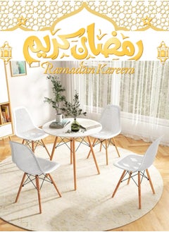 A Set of 5 Pieces a Wooden Dining and Coffee Table with Chairs In A Modern Design for Home and Office with 4 Chairs Plastic Stools and Wooden Legs with A Metal Frame From Maas