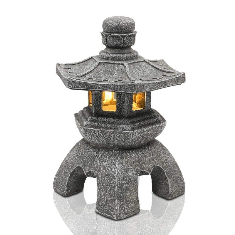 Nacome Solar Pagoda Lantern Garden StatueIndoorOutdoor Zen Asian Decor for Landscape BalconyGardenPatioPorch Yard Art OrnamentPolyresin Stone Finish