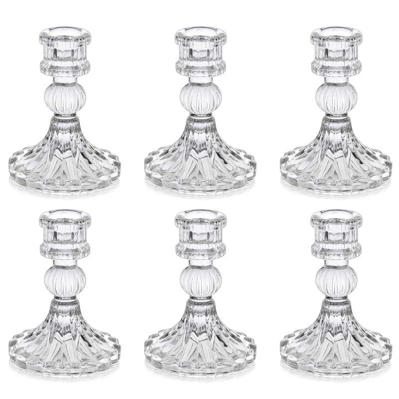 AUMAYCO 6 Pack Glass Taper Candlestick Holders, Clear Candlestick Holders, 4" H Stripe Crystal Candle Holders Decorative Candle Stand Centerpiece for Wedding, Festival, Dinning Party Table Decor - Image 1