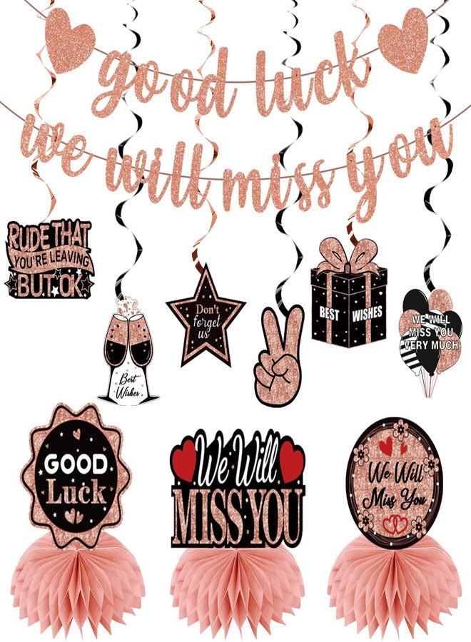 Uiorgui Going Away Party Decorations, Good Luck We Will Miss You Decorations Banner Farewell Decorations Party Supplies Retirement Goodbye Party Decor Table Centerpieces Hanging Swirls, Black Rose Gold - Image 1