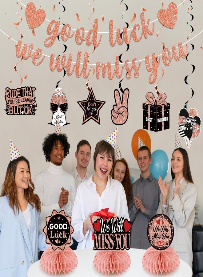 Uiorgui Going Away Party Decorations, Good Luck We Will Miss You Decorations Banner Farewell Decorations Party Supplies Retirement Goodbye Party Decor Table Centerpieces Hanging Swirls, Black Rose Gold - Image 4