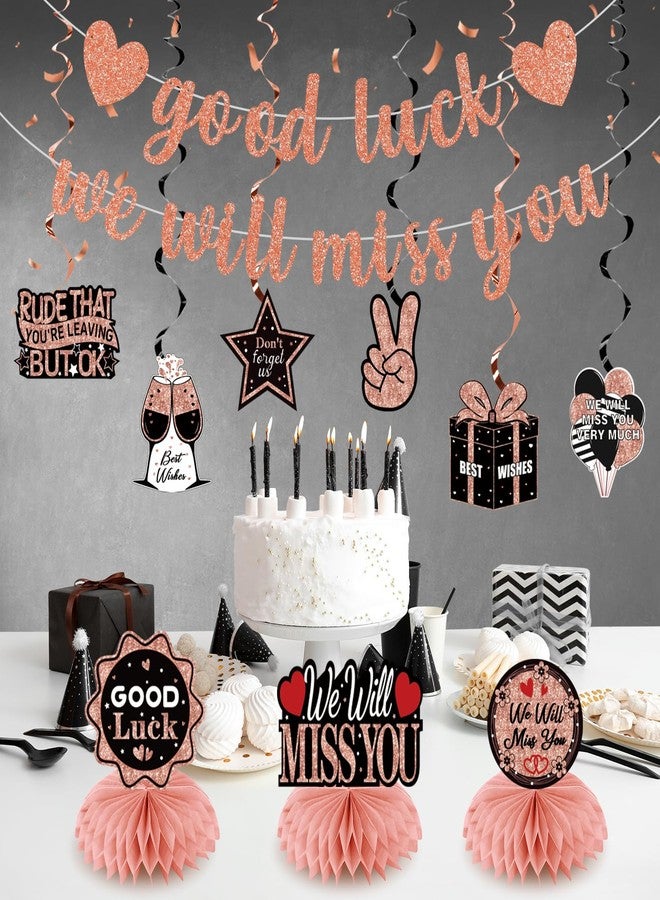 Uiorgui Going Away Party Decorations, Good Luck We Will Miss You Decorations Banner Farewell Decorations Party Supplies Retirement Goodbye Party Decor Table Centerpieces Hanging Swirls, Black Rose Gold - Image 3