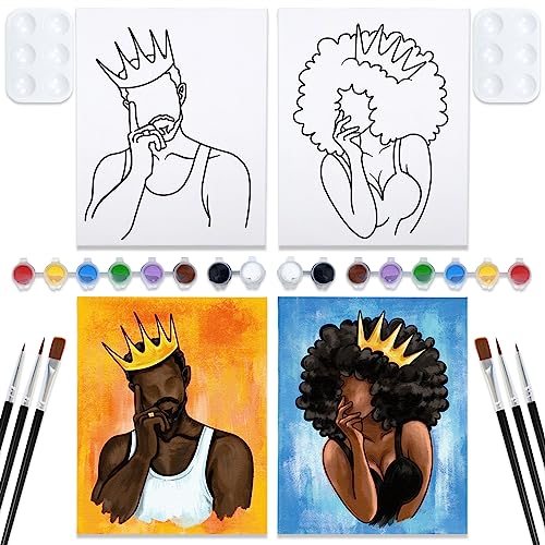 Nuberlic Date Night Sip and Paint Kit for Adults Pre Drawn Canvas to Paint for Adults Valentines Couples Painting kit Date Night Party Supplies Afro King Queen 2 Pack 8x10in - Image 1
