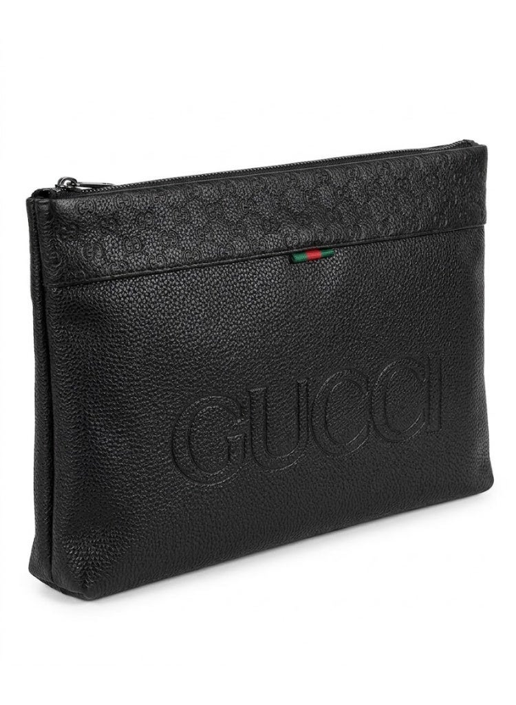 حقيبة كلاتش رجالية فاخرة من جلد GUCCI المحبب، أسود