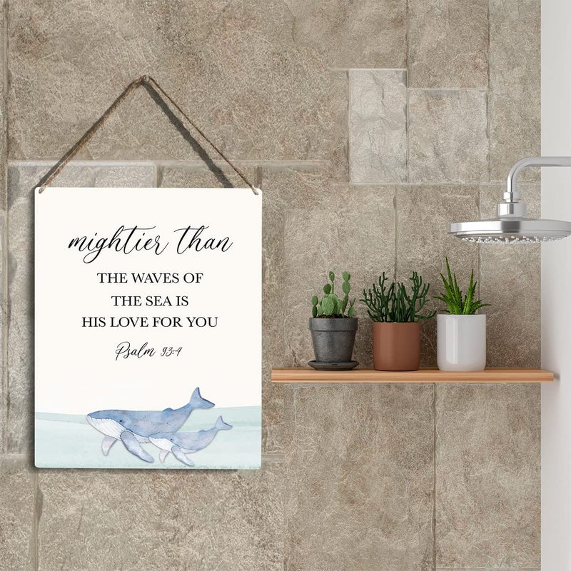 YCYD Inspirational Nautical Ocean Whale Decor Mightier Than The Waves of The Sea Psalm 93:4 Wooden Hanging Sign Gift for Baby Kids Girl Boy Nursery Teen Room Bible Verse Wall Art 8 x 10 Inches - Image 5