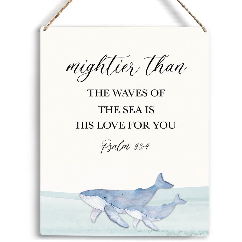 YCYD Inspirational Nautical Ocean Whale Decor Mightier Than The Waves of The Sea Psalm 93:4 Wooden Hanging Sign Gift for Baby Kids Girl Boy Nursery Teen Room Bible Verse Wall Art 8 x 10 Inches - Image 1