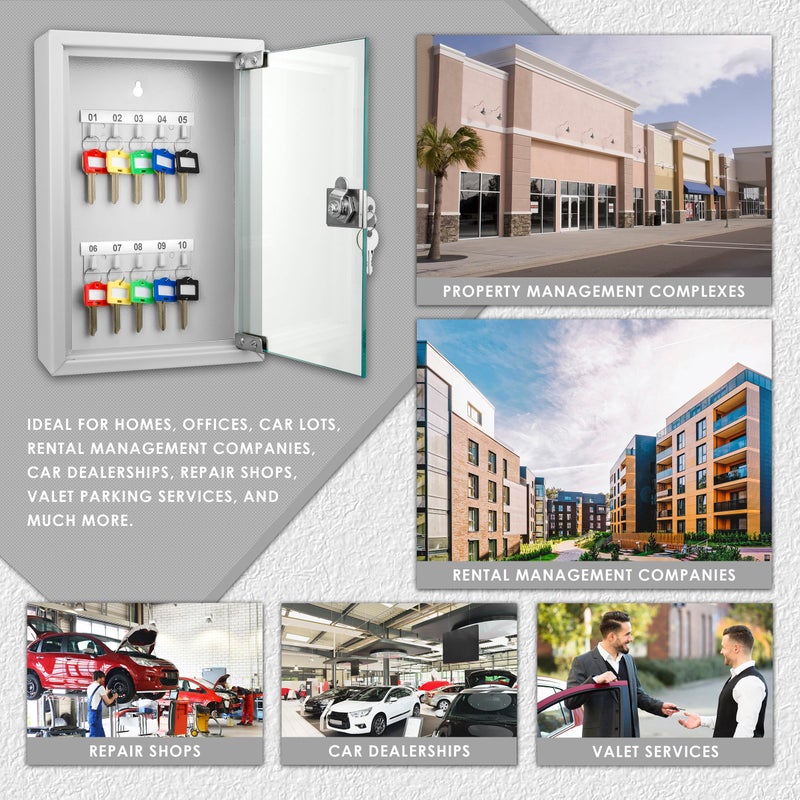 Barska 10 Key Lock Box with Glass Door â€“ Wall Mount Key Cabinet with Labeled Shelves, Colored Key Tags, Solid Steel Construction, Gray â€“ Secure Key Organizer for Home & Office - Image 4