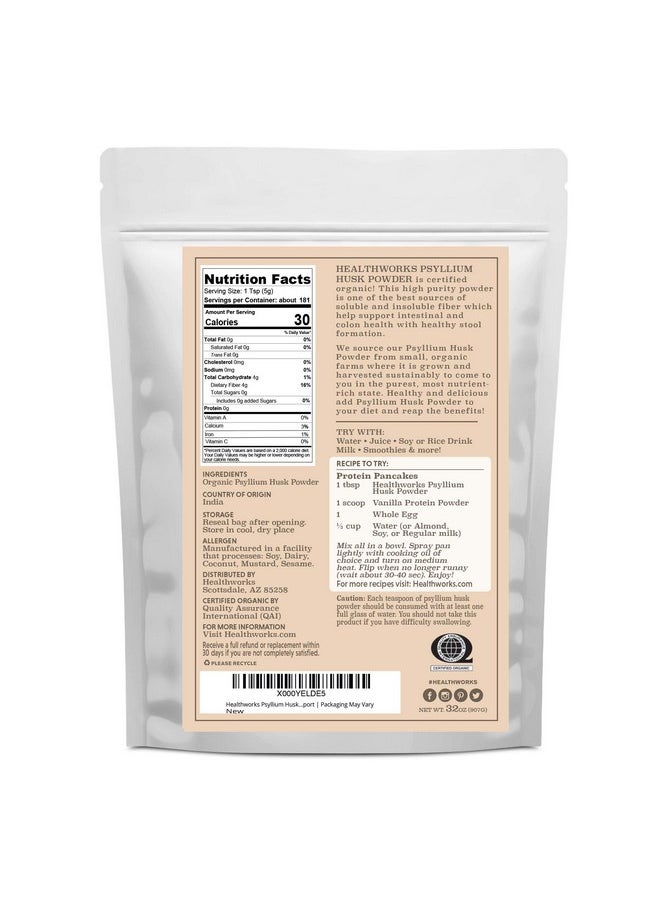 Healthworks - Psyllium Husk Powder (32 Ounces / 2 Pounds) ; Raw ; Certified Organic ; Finely Ground Powder From India ; Keto Vegan & Nongmo ; Fiber Support ; Packaging May Vary - Image 1