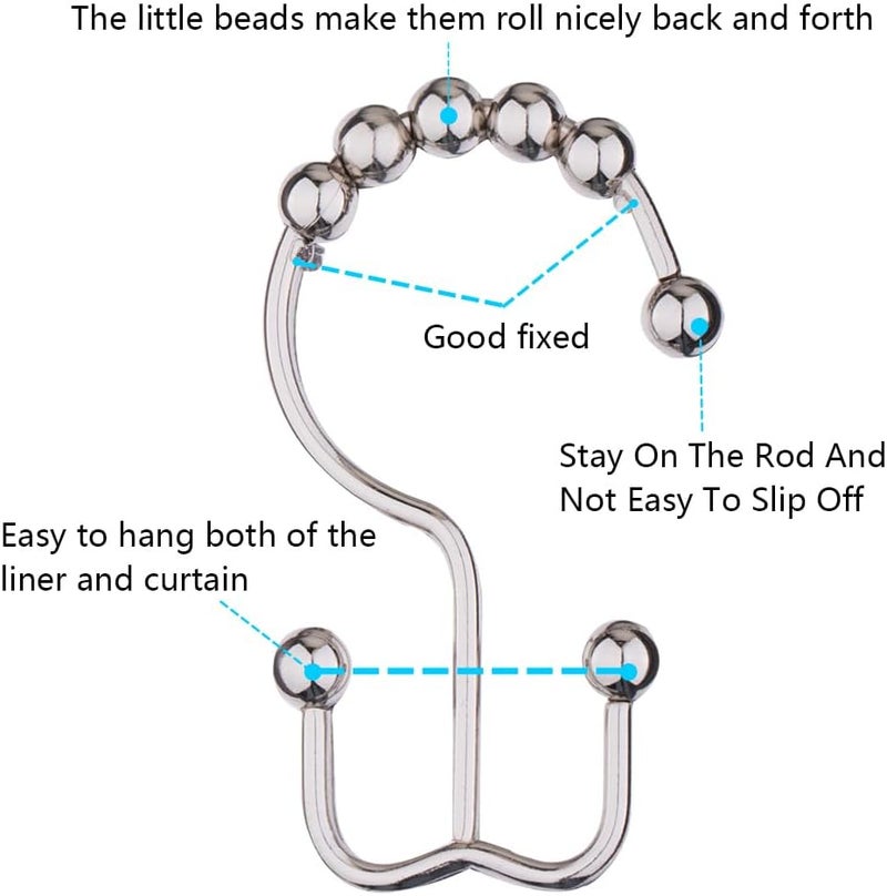 DAWNER Shower Curtain Hooks, Rust Proof Metal Easy Glide Double Rings, Stainless Steel Hangers for Bathroom Curtains, Set of 12, Brushed Nickel - Image 5