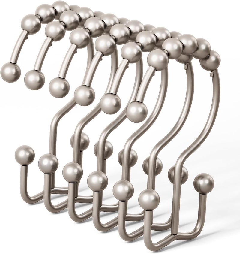 DAWNER Shower Curtain Hooks, Rust Proof Metal Easy Glide Double Rings, Stainless Steel Hangers for Bathroom Curtains, Set of 12, Brushed Nickel - Image 1