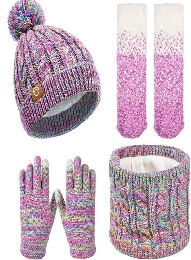 QZUnique Kids Winter Hat Gloves Set - 4 Pcs Fleece Lined Toddler Winter Accessories, Beanie Scarf Mittens Socks for Girls Age 4-8 Year (rainbow) - Image 1