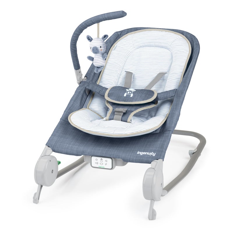 Ingenuity Gas Relief and AntiColic Baby Bouncer Seat and Rocker Gentle Belly Message to Relax and Soothe Bellies Instant Tummy Soother 20 Songs and Melodies Chambray Blue