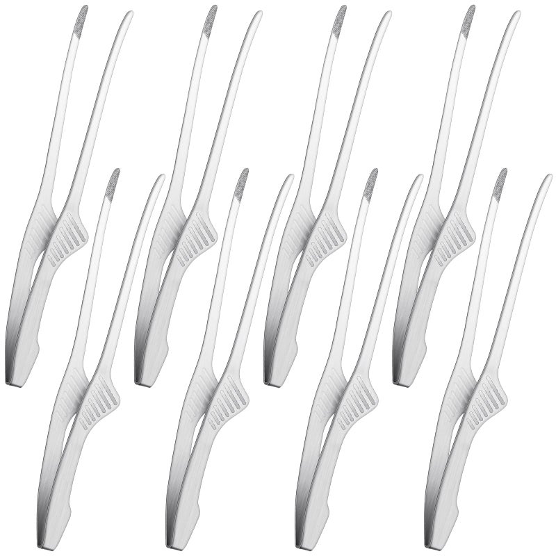 Patelai 8 Pieces Korean and Japanese BBQ Tongs Non Slip Cooking Utensils Stainless Steel Tongs for Serving Food Salad Camping Barbecue Buffet Oven with Support Stand Silver - Image 2