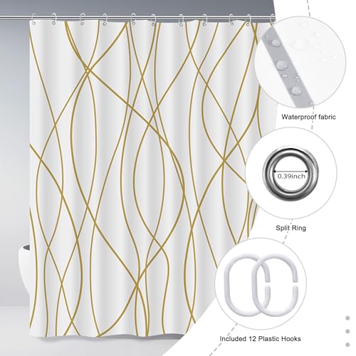 Punkray Gold Light Brown and White Striped Wavy Line Polyester Shower Curtain for Bathroom with Hooks, Shower Curtain Set Stripe Bath Curtains Decor Weighted Hem Washable, 72 x 72 - Image 4