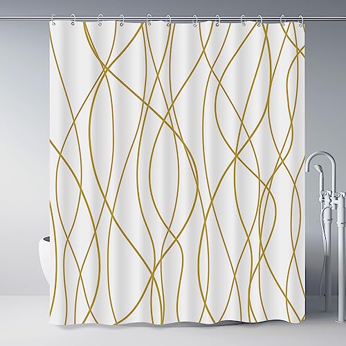 Punkray Gold Light Brown and White Striped Wavy Line Polyester Shower Curtain for Bathroom with Hooks, Shower Curtain Set Stripe Bath Curtains Decor Weighted Hem Washable, 72 x 72 - Image 1