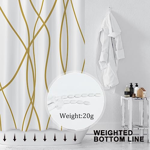 Punkray Gold Light Brown and White Striped Wavy Line Polyester Shower Curtain for Bathroom with Hooks, Shower Curtain Set Stripe Bath Curtains Decor Weighted Hem Washable, 72 x 72 - Image 2