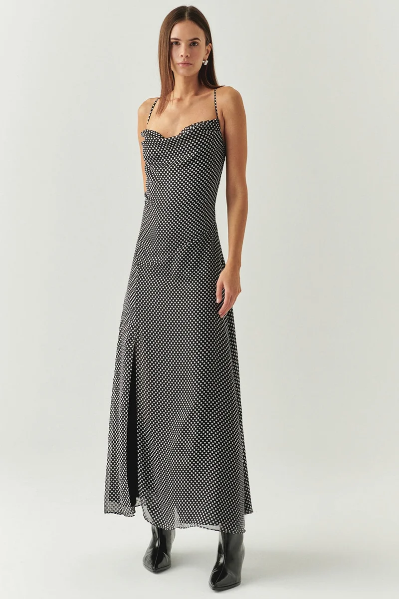 EXQUISE Polka Dot V-Neck Slit Regular Midi Grey Black Dress