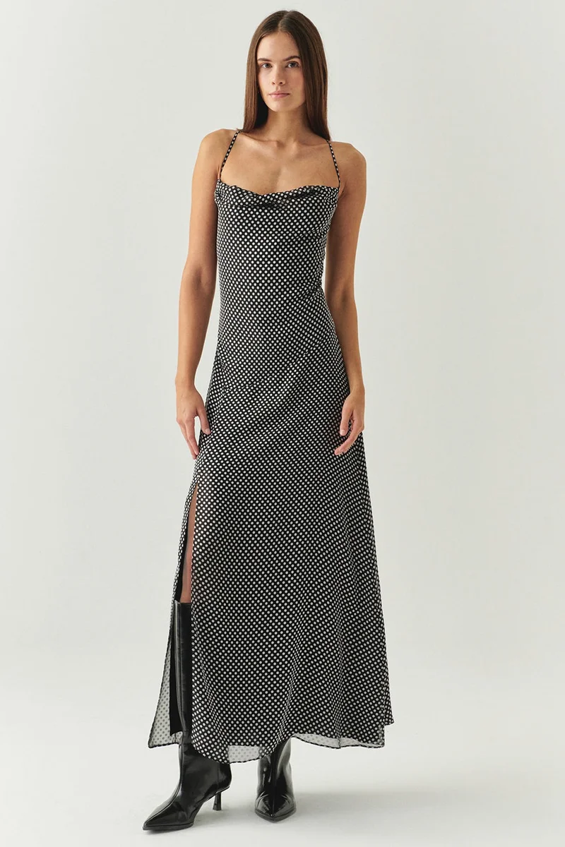 EXQUISE Polka Dot V-Neck Slit Regular Midi Grey Black Dress