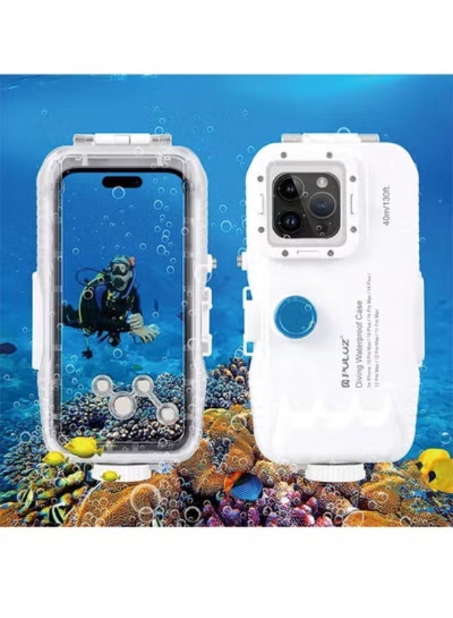 PULUZ 40m/130ft Waterproof Diving Case for iPhone 15 Pro Max/15 Plus /14 Plus / 14 Pro Max / 13 Pro Max /12 Pro Max/for Surfing Snorkeling Floating Photo Video Taking Underwater Housing Cover White - Image 1