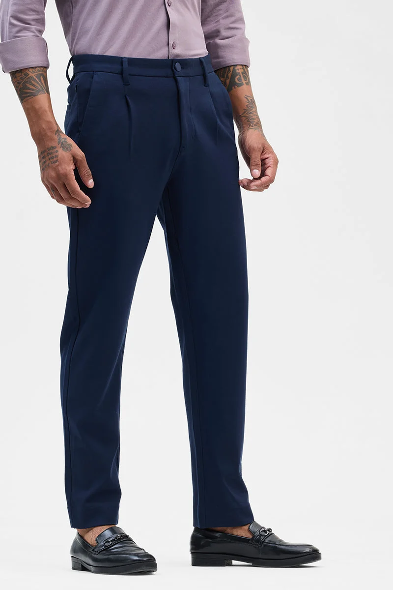 SNITCH Navy Navy Stretch Slim Fit Trousers for Men | Best Price UAE
