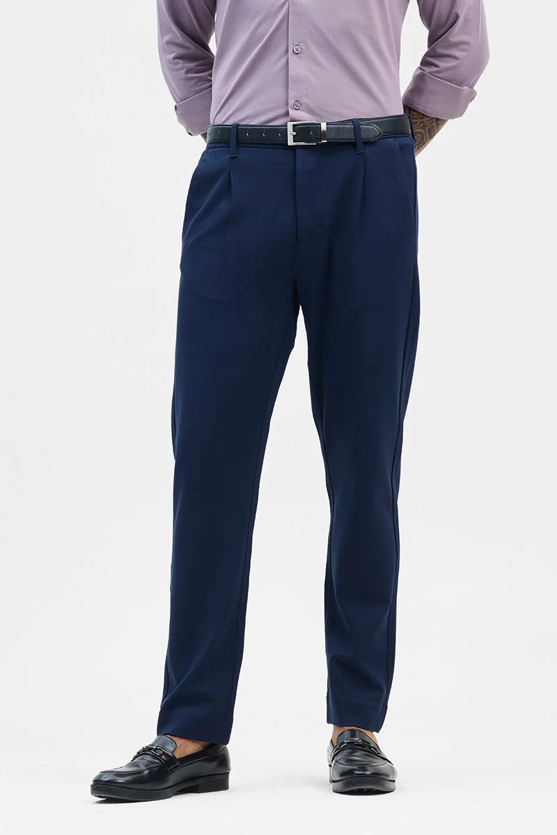 SNITCH Navy Navy Stretch Slim Fit Trousers for Men | Best Price UAE