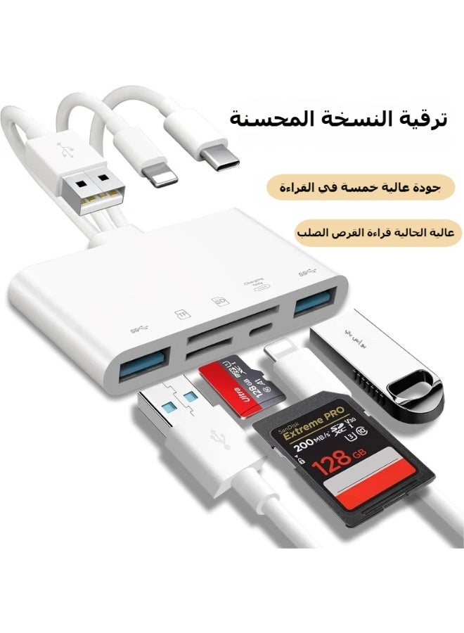 DUNELIFE قارئ بطاقات الذاكرة 5 في 1 ومحول USB OTG – يدعم SD/TF، منافذ USB مزدوجة والشحن – التوصيل والتشغيل لأجهزة iPhone/iPad، USB-C وUSB-A – متوافق مع SDHC/SDXC/MMC – يعمل مع iOS وAndroid - Image 1