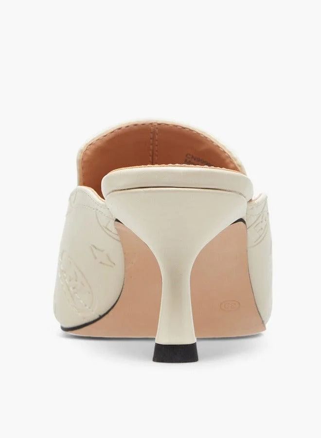 ELLE IVORY Monogram Embossed Mules with Kitten Heels  | Best Price UAE