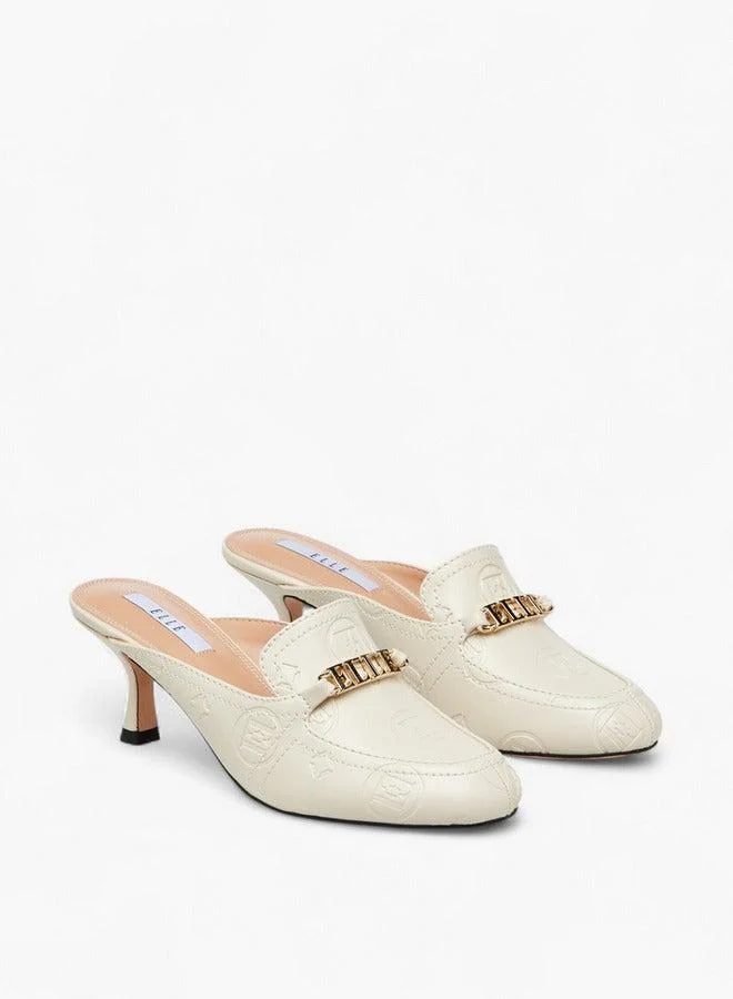 ELLE IVORY Monogram Embossed Mules with Kitten Heels  | Best Price UAE