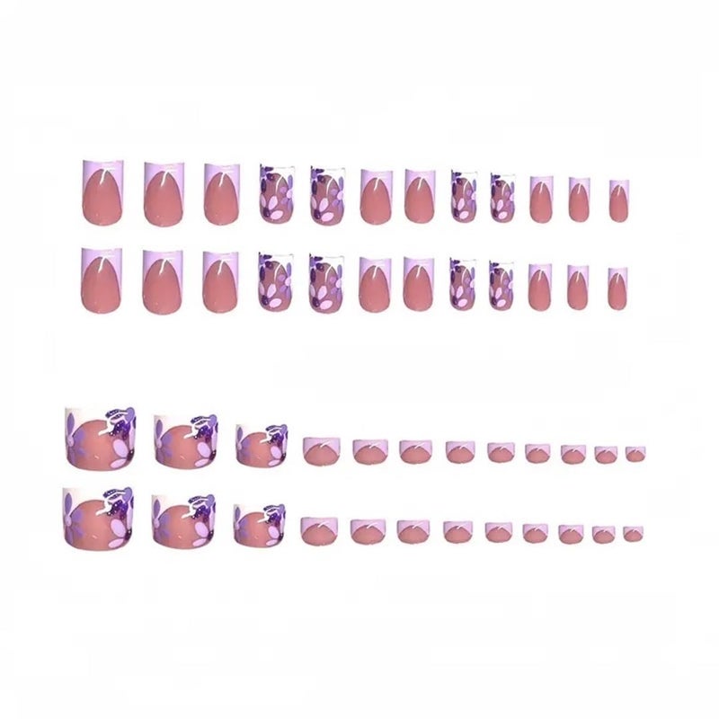CTTHNBD Short Press on Nails & Square Press on Toenails Set, Purple French Tip Fake Nails with Flower Design - for Women 48 Pcs - Image 2