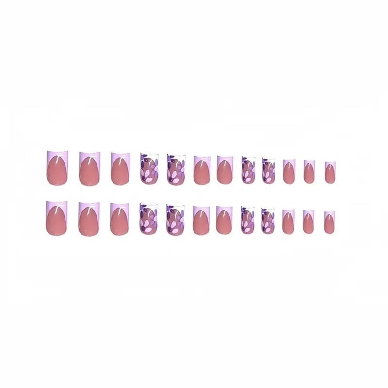 CTTHNBD Short Press on Nails & Square Press on Toenails Set, Purple French Tip Fake Nails with Flower Design - for Women 48 Pcs - Image 3