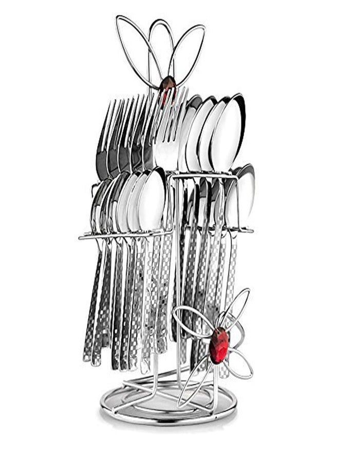 POGON Myra Stainless Steel Cutlery Set- Set of 24 (Contains: 6 Dessert Spoons, 6 Dessert Forks, 6 Tea Spoons, 6 Small Spoon, 1 Stand), Cutlery Set for Dining Table Stylish, Silver Kitchen Dining Set - Image 1