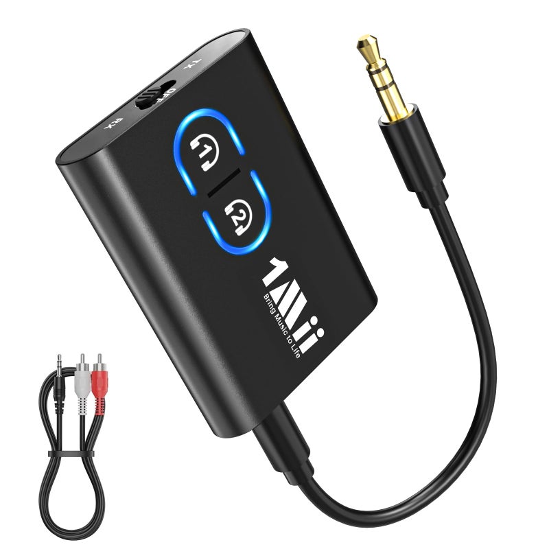 1mii مرسل ومستقبل بلوتوث 5.3 من 1Mii للتلفاز إلى سماعات الرأس اللاسلكية، رابط مزدوج AptX Adaptive/زمن تأخير منخفض/صوت عالي الدقة، محول Aux للستيريو المنزلي، الطائرة، القارب، الصالة الرياضية - Image 1