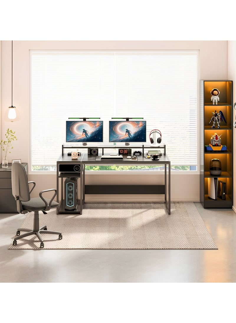 SHEIDLIN - Computer Desk，54" Gaming Desk, Home Office Desk Built-In Dual Storage Shelves & Triple Monitor Stand ， Storage Space-Savor, Modern Table, Black - Image 1