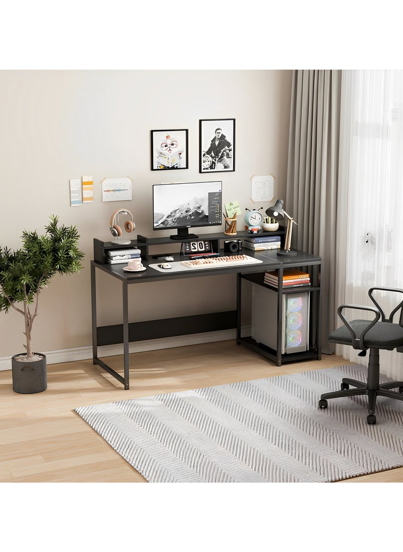 SHEIDLIN - Computer Desk，54" Gaming Desk, Home Office Desk Built-In Dual Storage Shelves & Triple Monitor Stand ， Storage Space-Savor, Modern Table, Black - Image 1
