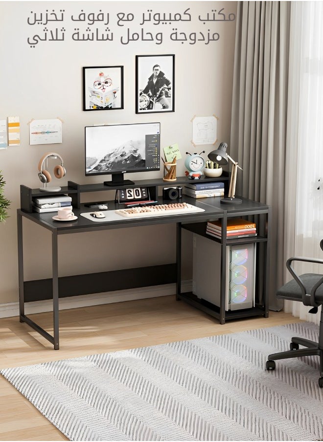 SHEIDLIN - Computer Desk，54" Gaming Desk, Home Office Desk Built-In Dual Storage Shelves & Triple Monitor Stand ， Storage Space-Savor, Modern Table, Black - Image 1