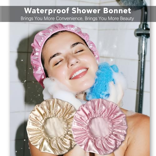 Smilco 2-Pack Reusable Shower Caps - 12.6 Inch EVA Large Hair Protector, Waterproof Double Layer for Women - Image 4
