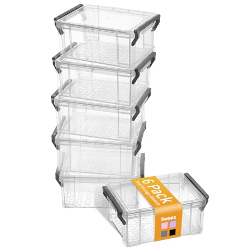 Sooez 6 Pack Small Plastic Containers with Lids 64 x 44 x 27 Clear Crayon Box Pencil Pouch Stackable Stroage Organizer for Beads Craft and Art Supplies Storage Bins for Jewelry and Stickers - Image 1