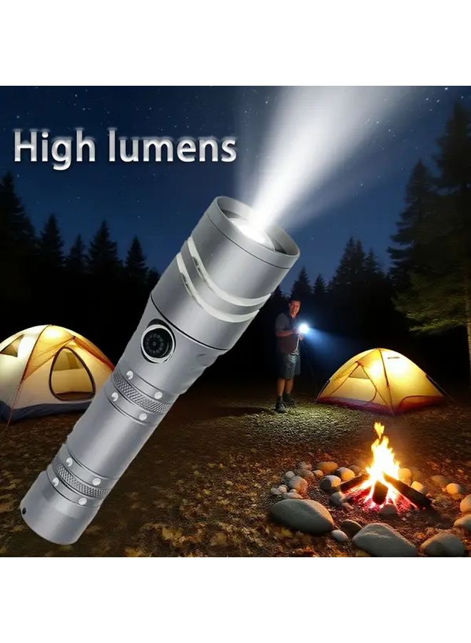 1pc Silvery Variable Focus LED Flashlight High Lumen Aluminum Body Rechargeable Spotlight - Image 2