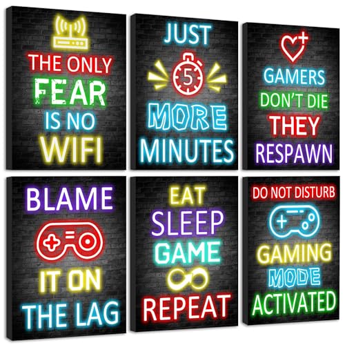 KUVIOKE Video Gamer Room Decor for Teen Boys Gaming Wall Art Gamer Neon Sign Teenage Bedroom Decor Ready to Hang Set of 6 8x10in Framed - Image 1