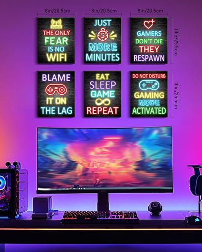 KUVIOKE Video Gamer Room Decor for Teen Boys Gaming Wall Art Gamer Neon Sign Teenage Bedroom Decor Ready to Hang Set of 6 8x10in Framed - Image 3