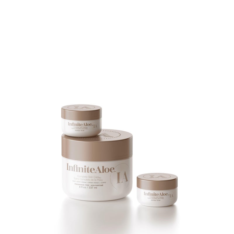 InfiniteAloe Complete Skin Care Aloe Vera Powered Face and Body Cream for Dry Skin Relief Fragrance Free Large Jar 8 oz 2 Travel Jar 05 oz