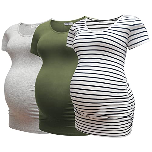Bearsland Womens Maternity Tshirt 3 Packs Classic Side Ruched Tee Top Mama Pregnancy Clothes,witstripe+LightGray+ArmyGreen,S - Image 1