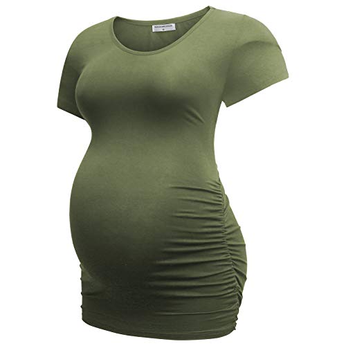 Bearsland Womens Maternity Tshirt 3 Packs Classic Side Ruched Tee Top Mama Pregnancy Clothes,witstripe+LightGray+ArmyGreen,S - Image 5