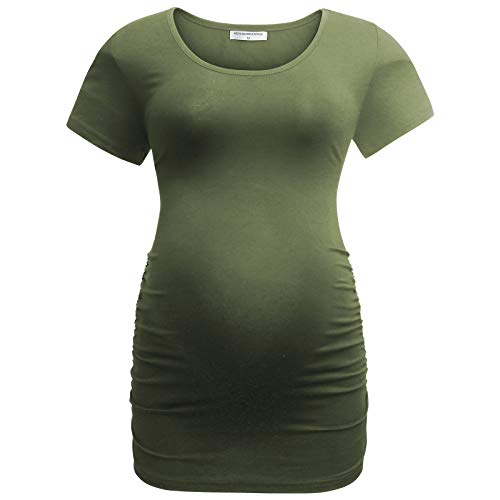 Bearsland Womens Maternity Tshirt 3 Packs Classic Side Ruched Tee Top Mama Pregnancy Clothes,witstripe+LightGray+ArmyGreen,S - Image 4