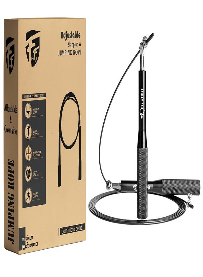 حبل قفز معدني من فيرست فيت مزود بمحامل كروية ومقابض مانعة للانزلاق، مناسب للرجال والنساء والأطفال والفتيات، لتدريبات السرعة والتحمل واللياقة البدنية (أسود) - طول قابل للتعديل - Image 1