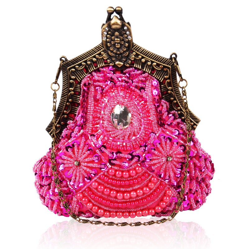 Vintage Beaded Banquet Clutch Elegant Cheongsam Purse Rose Red