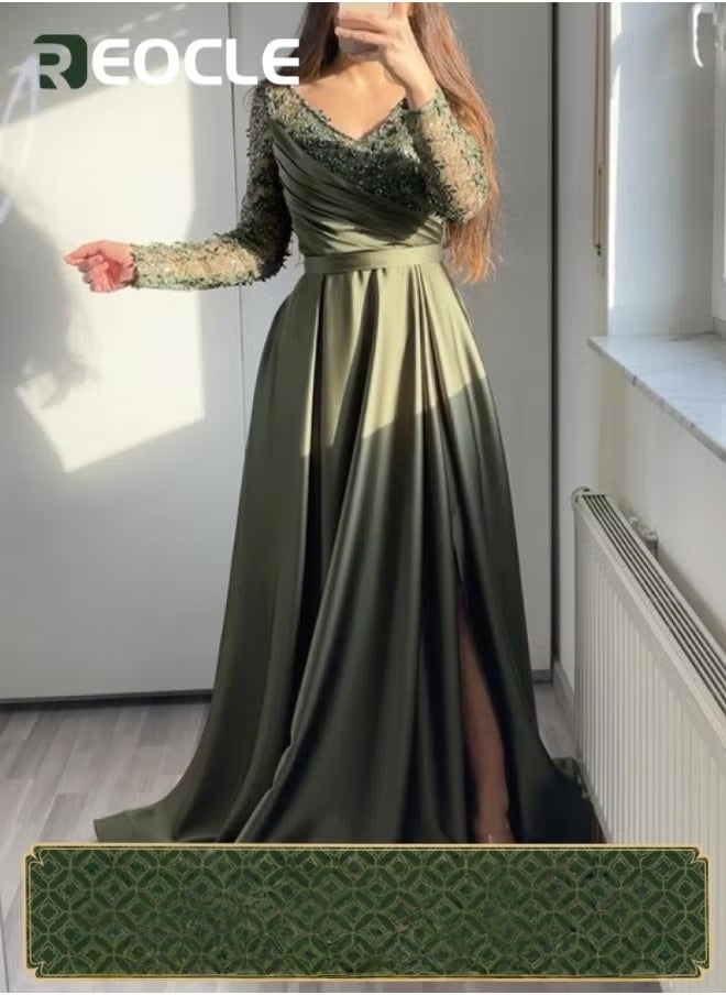 ريوكل فستان حفلات نسائي من الدانتيل بأكمام طويلة لحفلات الكوكتيل وفساتين سهرة رسمية من الساتان - Image 1