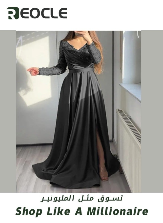 REOCLE Women's Prom Dress Lace Long Sleeves Cocktail Party Dress Formal Ball Gowns Satin Formal Evening Gowns  - Image 2