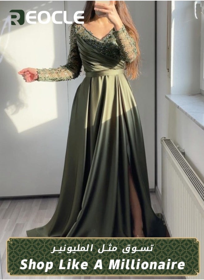 REOCLE Women's Prom Dress Lace Long Sleeves Cocktail Party Dress Formal Ball Gowns Satin Formal Evening Gowns  - Image 1
